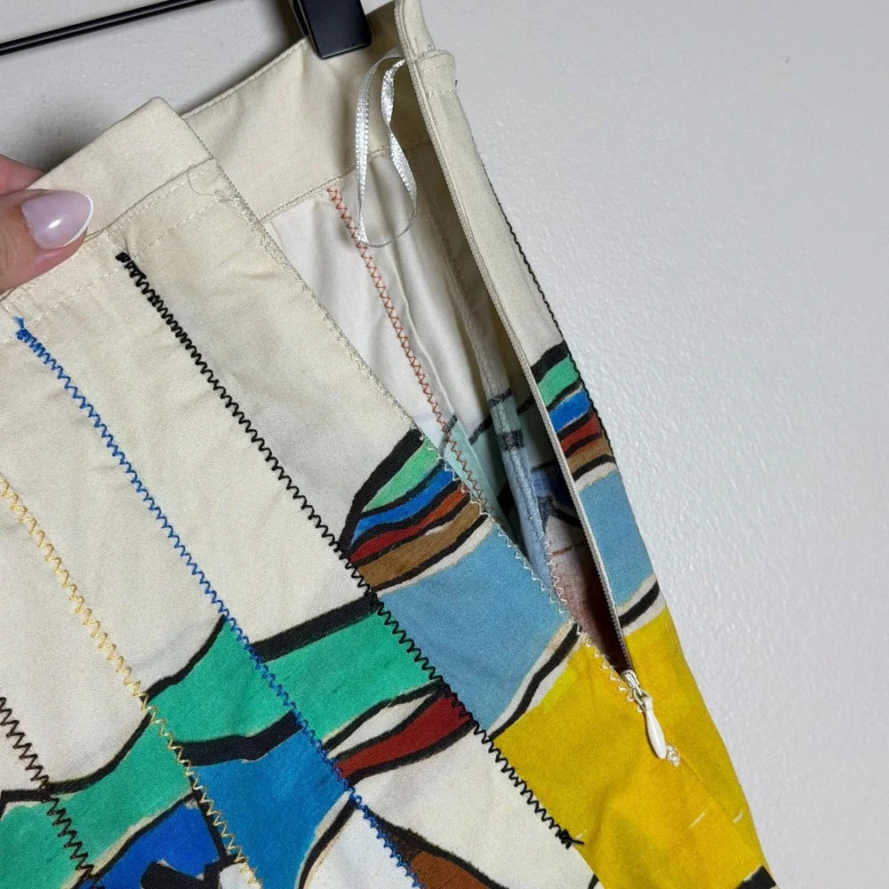 Zara Womens 100% Cotton Skirt M Artsy Multicolor Abstract Print Pleated Midi